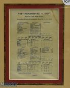 1904 Nottingham v Kent Cricket Silk Scorecard, framed and mounted under glass, size #34.5cm x 42cm
