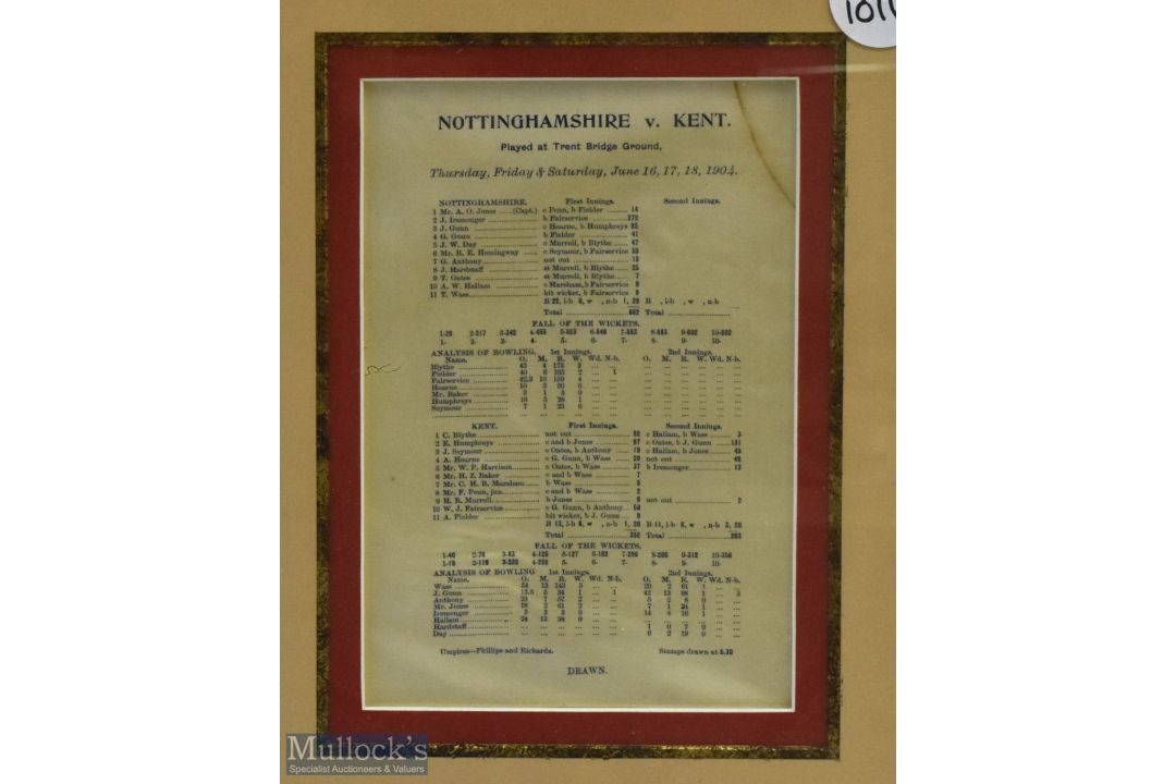 1904 Nottingham v Kent Cricket Silk Scorecard, framed and mounted under glass, size #34.5cm x 42cm