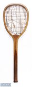 c1880 Semi Flat Top Wooden Tennis Racket, maker is unknown with convex wedge broken gut strings,