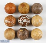 9x Period Square Mesh Golf Ball, all in well used condition with paint loss and, with noted names of