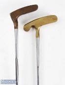 Acushnet USA 'Bulls Eye' Mallet and straight blade bronze putter the blade marked 'old standard'