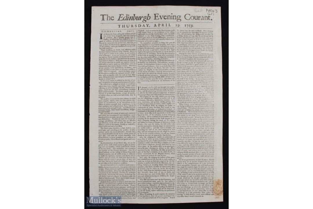 1759 - St Andrews Golfing Announcement in The Edinburgh Evening Courant newspaper Thursday 19