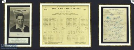1957 Signed framed England v West Indies Display of Tom Graveney photograph, Scorecard and Hotel