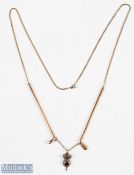9ct gold Golf necklace with 2 golf clubs with connecting chain with red stone set thistle dropper in