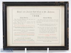 1938 Official Royal and Ancient Golf Club of St Andrews Spring and Autumn meeting fixture card -