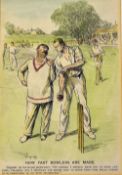 6x Hand Coloured 'Punch' Cricket Prints with How fast bowlers are made, and other comedy prints, all