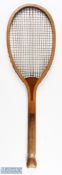 c1900 RWH & Co Rocket Wooden Fishtail Tennis Racket, with convex wedge restrung gut by R Whitty of