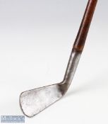 Rare Bussey London Patent steel socket neck mid iron - with concave face, bowed shaft fitted with