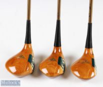 MacGregor Tourney persimmon woods (x3) includes a 1, 3 and 5 wood marked 88-0, stamped 2913F2, brass