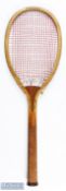 c1900 F H Ayre Tennis Racket, a central strung racket with brass outer grommets, appear to of been