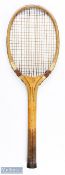 Bussey Co Oxonian Wavy Wedge Tennis Racket, with shoulder strapping, leather butt cover, 14 1/2 oz,