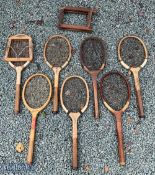 A Collection of Period Wooden tennis Rackets some in need of repair, with examples of The Handicap -