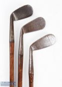 3x various good golfing irons to incl W H Horne Beckenham Special wide sole rut niblick stamped with