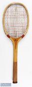 c1920 G G Bussey & Co Alert Tennis Racket, with wavy wedge, shoulder strapping and leather butt