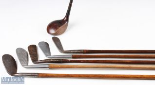 Composed half set of hickory playable golf clubs (6) to include Brassie with black wide striped