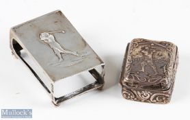 925 Sterling hinged pill box with golfer design having raised period golfer design to top with