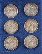 6 Edwardian hallmarked silver lady golfer design buttons each having period lady with club, 5