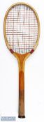 c1923 G G Bussey & Co Hexagon Wimbledon 4 Tennis Racket, with wavy wedge, shoulder strapping,