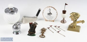 Mixed selection of golfing collectables - golf ball shaped cocktail stick holder with 5 enamelled