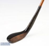 Elegant Mitchell dark stained curved face longnose baffing spoon c1890- with full brass wrap over