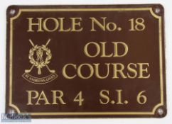 Scarce original Old Golf Course St Andrews No. 18 Hole Official Tee Plaque circa pre-1988/89 -