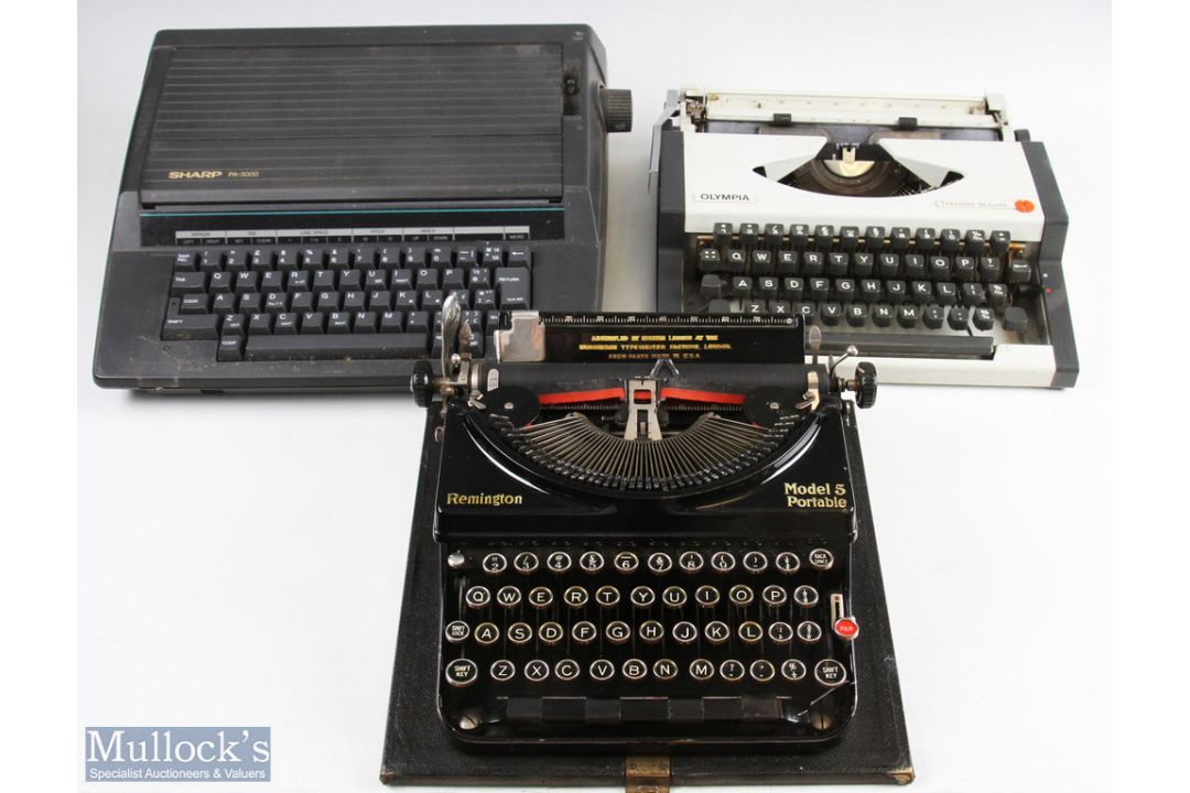 3x Typewriters to include Remington model 5 portable typewriter in case with instructions, Olympia