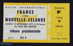 1977 France v New Zealand Rugby Ticket: For match played at Parc des Princes, Paris. G