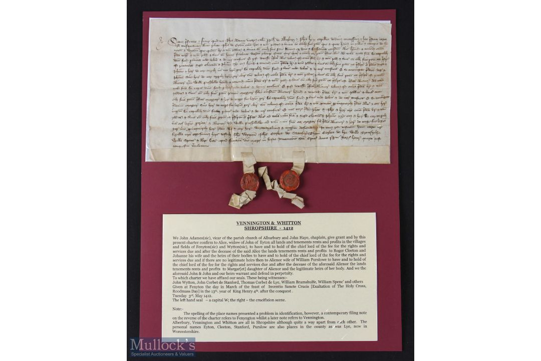 Vennington & Whitton - Shropshire - Medieval Deed 1412 - a fine medieval deed being a grant by