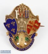 Magnificently rare 1908 Wales v France Rugby Badge: 9ct gold lapel badge, obverse with enamelled WFR