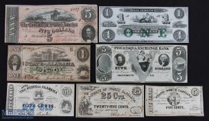 19th century USA Bank Notes (7) - Civil War and later bank notes including 1863 State of Alabama $1,