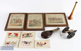 Military and Hunting Collectables, to include a cannon match sticker, 6x WWI Silk Postcards to