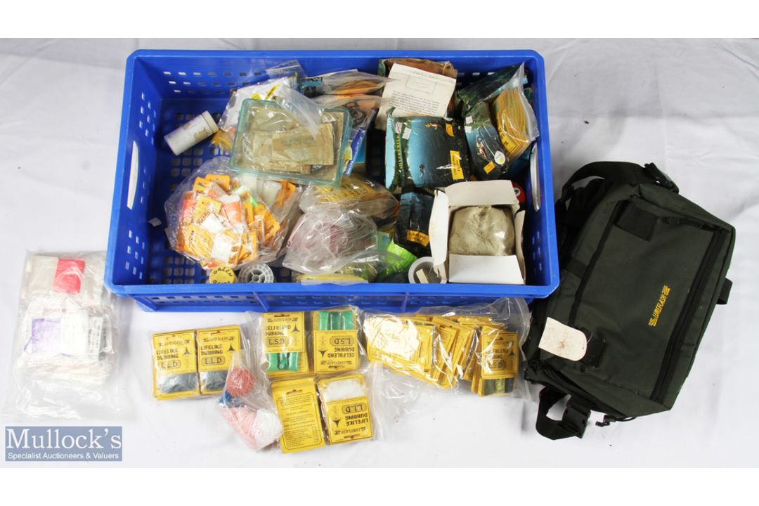 Large collection of assorted fly tying accessories - inc Lureflash bank bag, bulk bags of dubbing,