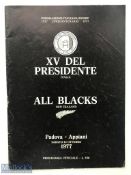 Very Scarce 1977 Italia XV del Presidente v NZ Rugby Programme: Issue from Padova. VG
