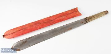 African Masai sword with leather handle grip with red leather scabbard, blade length 39cm