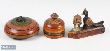 3x Period Indian Carved Wood Treen Peacock Box, with 2 other treen turned storage jars, the