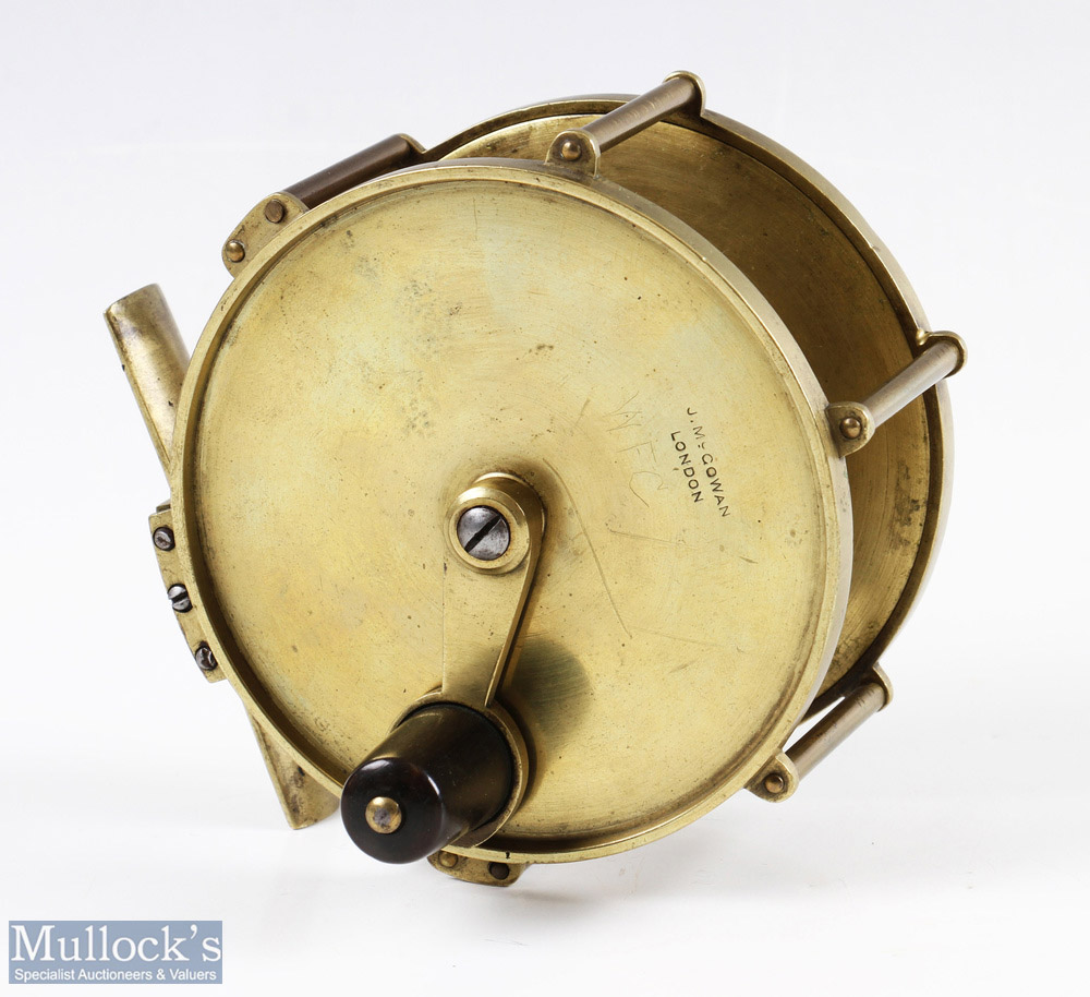 J McGowan, London 4 1/4" brass raised pillar salmon reel anti-foul crank handle with horn knob, twin