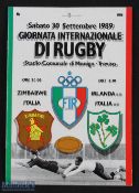 1989 Italy U21 v Ireland U21/Italy v Zimbabwe Rugby programme: Double programme from Treviso. VG