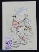 Rare 1950s French Rugby Postcard: 1950s postmark on stamped card featuring a colourful rugby