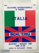 Italy v England 1990 Rugby Programme: Bold cover for game played at Rovigo. VG