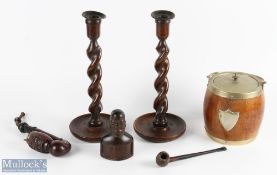 Treen Collectables a lot to include a pair of barley twist candle sticks - #31cm tall, with copper