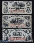 19th century 1862 USA Somerset and Worcester Savings Bank Notes (3) - $1, $2 and $5 notes, all