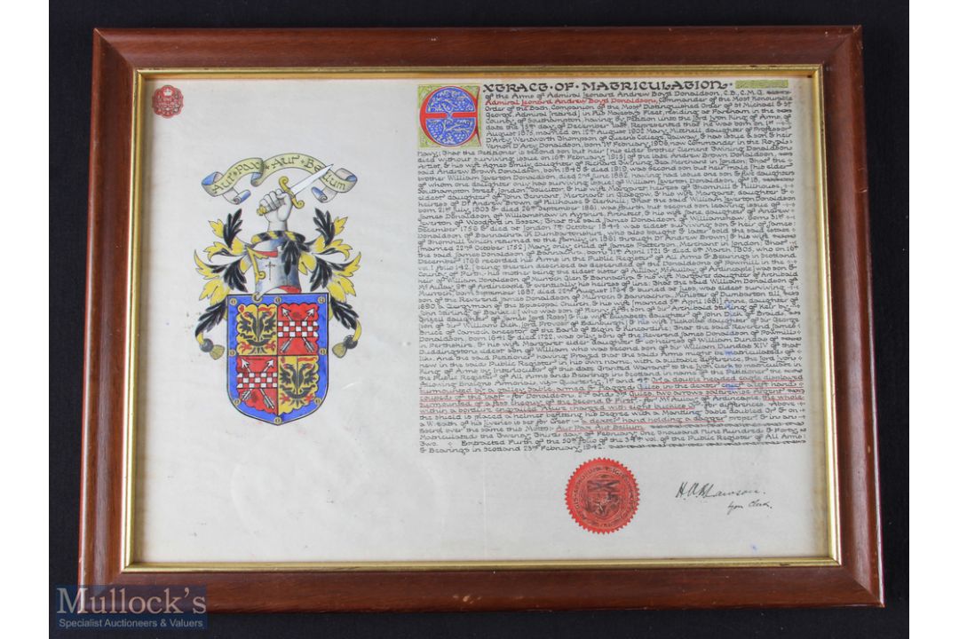 Scotland - Register of Arms of Admiral Leonard Andrew Boyd Donaldson date 23rd Feb 1942 signed by