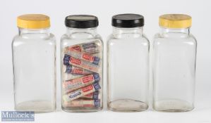 4x vintage glass shop sweet jars one containing approx. 22 Necco candy sweet packs, jar height 31cm