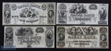 19th century USA Canal Bank of New Orleans Unissued Bank Notes (4) - $5, $10 and $20 note with