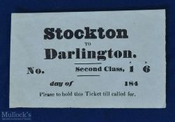 The Stockton And Darlington Railway 1840s Paper Ticket An early Paper Ticket for travel along this