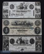 19th century USA Bank Notes (3) - 1840 Chesapeake & Ohio Canal Company $5, 1856 Farmers & Exchange