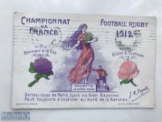 Very rare 1912 French Championship Rugby Postcard: Postally used, styish and colourful card