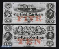 19th century USA City Bank of New Haven, Connecticut Unissued Bank Notes (2) - $5 and $10 notes,