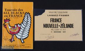 1977 France v NZ Rugby Programme & VIP pass: For the first test played in Toulouse. Some creases but
