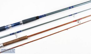 Unnamed Hollow Glass Spinning Rod, 9' approx. 2pc, cloth bag; an unnamed Split Cane Spinning Rod, 7'
